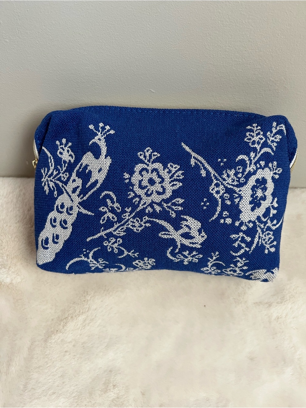 5/$20 Blue White Embroidered Makeup Bag Cosmetic Pouch Floral Peacock Zip Case